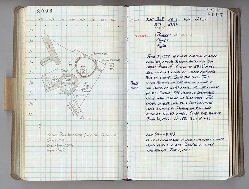 archaeological notebook with map