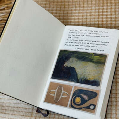 moleskine journal spread with a quote and images