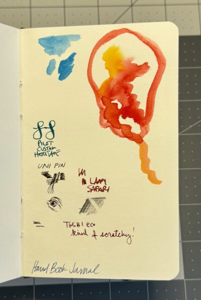 handbook journal paper test with pens and watercolors